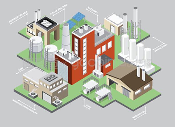 工业建筑等距信息集 工厂与仓库矢量插图在商务信息咨询中的应用
